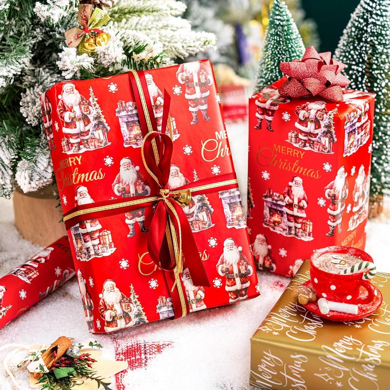 MAYPLUSS Christmas Wrapping Paper Roll - 17IN X 33FT - Red Gift Wrapping Paper Featuring Santa Claus Fireplace Against Red Reversible Merry Christmas for Kids, Holiday, New Year - Image 3